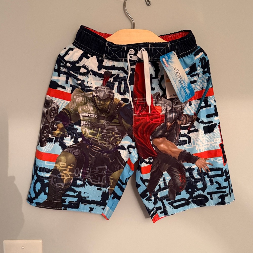 Marvel Boys Swim Shorts - Blue with Red and Black Graphics Marvell 7 NWT